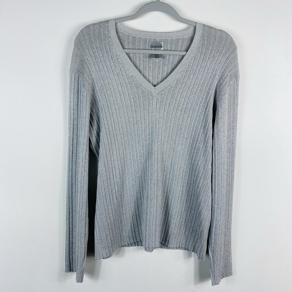 Chico's Sweater XL 3 16 Silver Shimmer Metallic V-Neck Ribbed Stretch